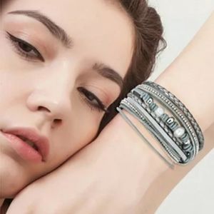 Gray multi strand leather bracelet with pearls